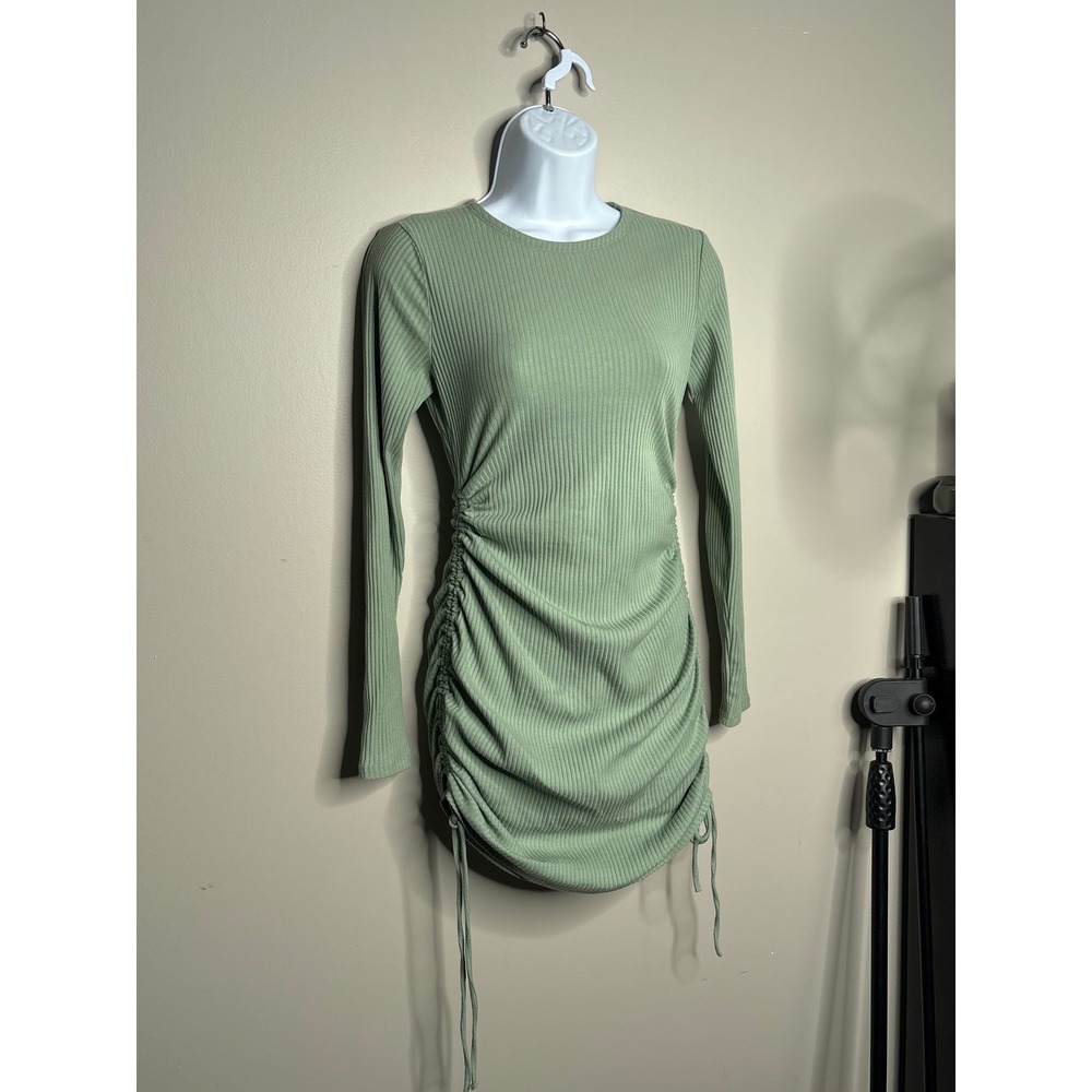 Hollister Sage Green Ribbed Ruched Long Sleeve Mini Dress Womens Medium Short